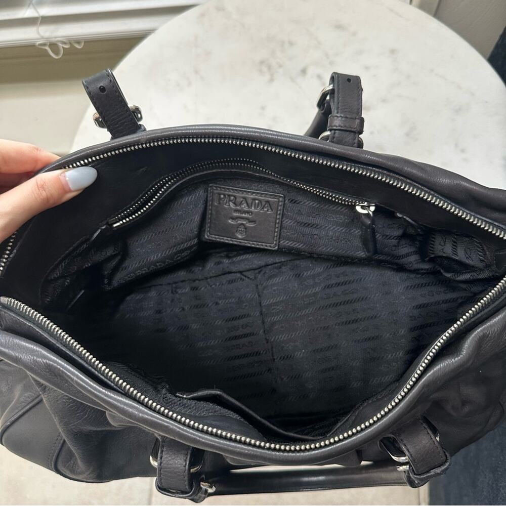 Vintage Prada Black Top Handle Bag Satchel Crossbody Silver Logo Belt Designer - Picture 6 of 16